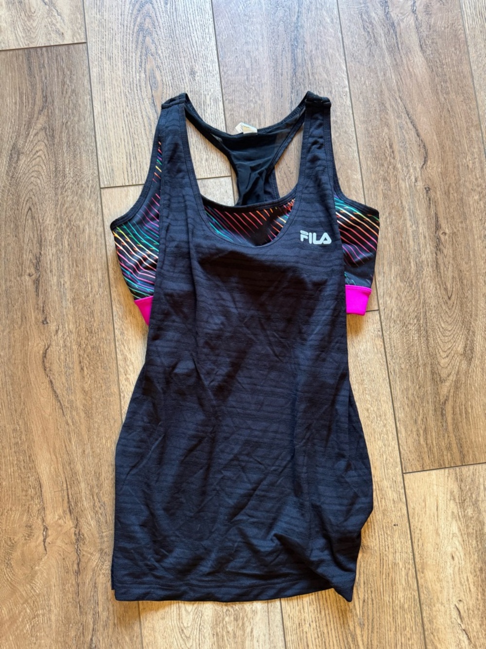 FILA Black Racerback Tank with Black Multicolor Striped Sports Bra